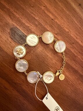 Tory Burch Gold Tone Mother-of-Pearl Round Link Bracelet